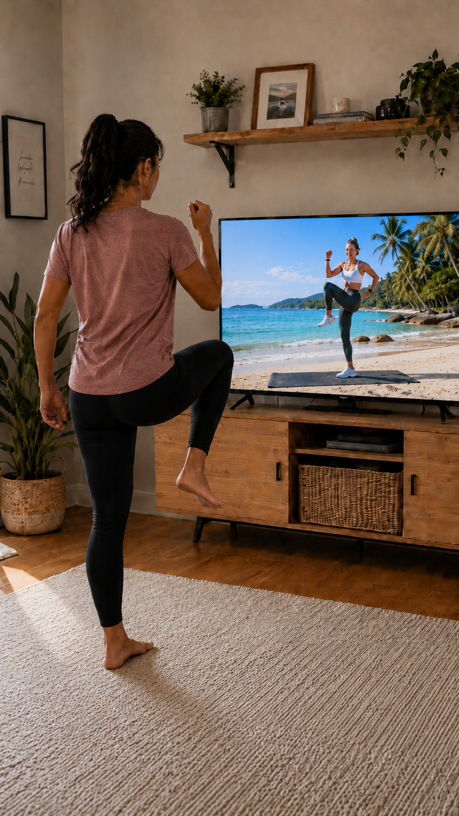 Woman exercising at home while following a workout on television